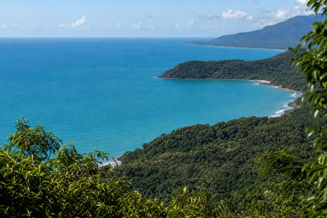 A lookout over the Coral Sea where rainforest ridges meet the coast north of Cairns